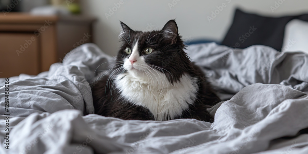 Cat with long black and white fur sitting on a messy bed Cat with long black and white fur sitting on a messy bed