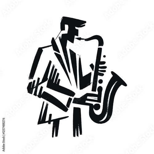  Minimalist black and white hand-drawn saxophone player art