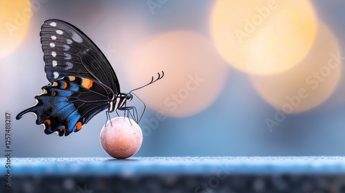 A butterfly sitting on top of an egg on a table