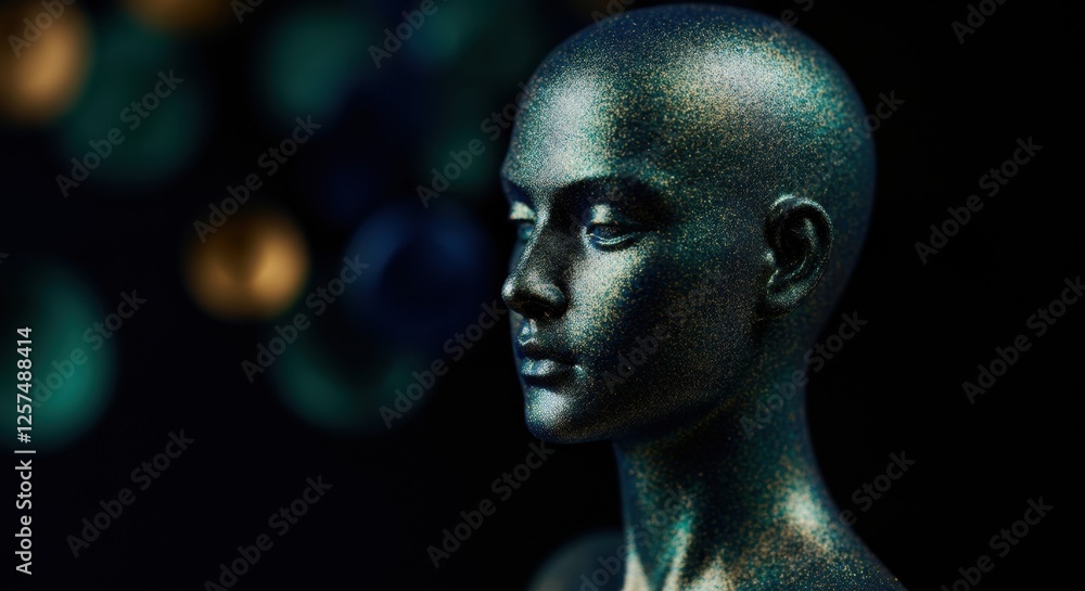 Close-up of a shimmering mannequin head with a metallic finish Close-up of a shimmering mannequin head with a metallic finish