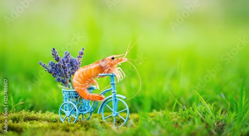 Shrimp riding a miniature bicycle with lavender flowers, symbolizing fun and creativity