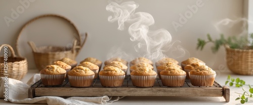 Freshly baked muffins cool on a rack releasing warm steam in a cozy kitchen setting. photo