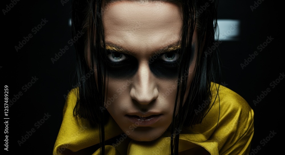 Intense portrait of a man with dramatic makeup and a yellow outfit Intense portrait of a man with dramatic makeup and a yellow outfit