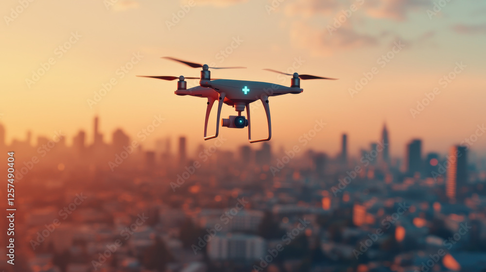 drone flying over cityscape at sunset, symbolizing medical delivery drone flying over cityscape at sunset, symbolizing medical delivery