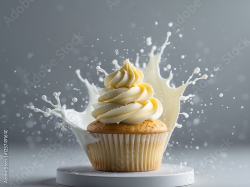 Vanilla cupcake covered with milk splashing on gray background photo