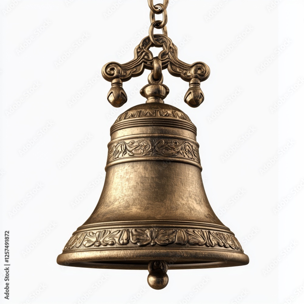 Ornate Bronze Bell Hanging from a Chain with Detailed Decorations and Antique Finish Ornate Bronze Bell Hanging from a Chain with Detailed Decorations and Antique Finish