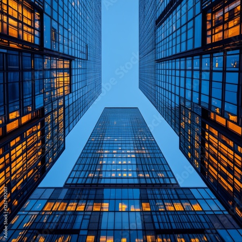Skyscrapers Reach for the Twilight Sky: A Low-Angle View of Modern Glass and Steel Buildings Reflecting a Warm Glow Against the Evening Blue Canvas