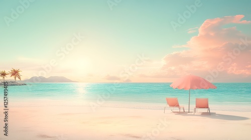 Tropical beach sunset, two lounge chairs under pink umbrella, calm ocean, island in background; ideal for travel and vacation brochures
