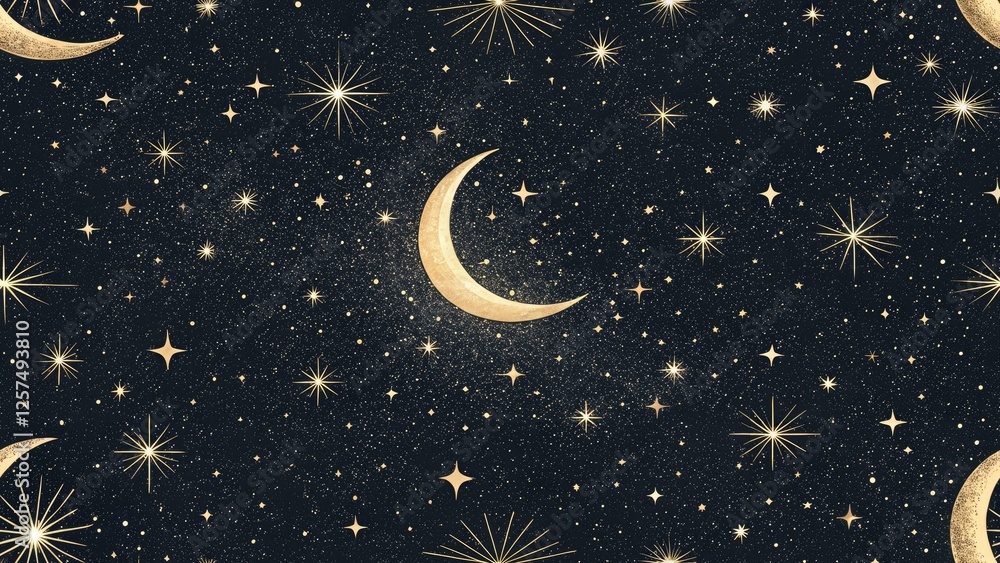 Naklejka premium Minimalist Celestial Night Sky: Glowing Moon, Twinkling Stars, Dark Sky Photography