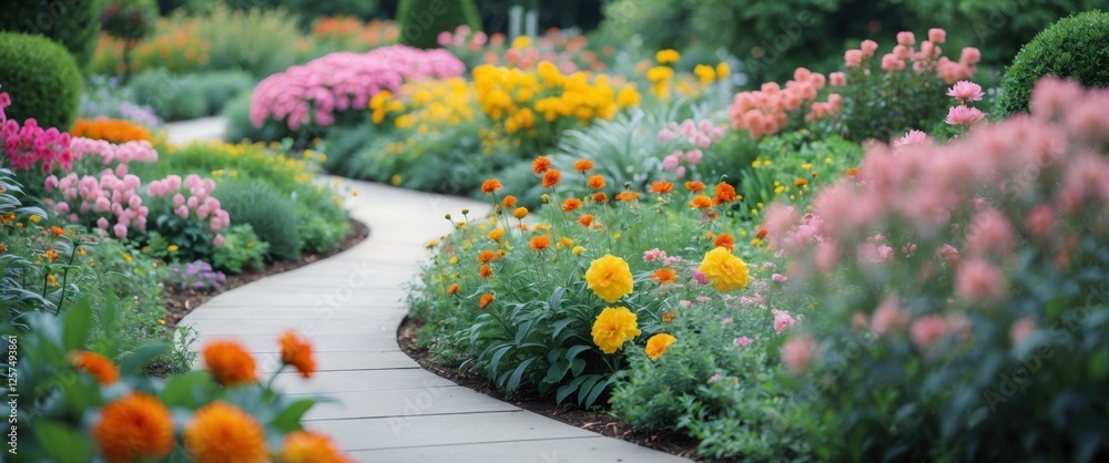 Serene Curved Pathway Through Lush Garden with Colorful Flowers. Serene Curved Pathway Through Lush Garden with Colorful Flowers.