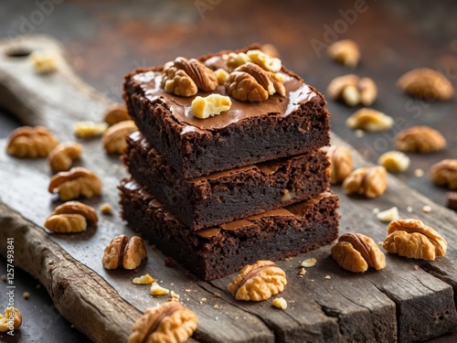 Freshly baked chocolate brownies with walnuts on top served on a rustic wooden board photo