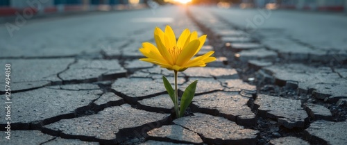 Bright yellow flower grows through cracks in a deserted urban street on a cloudy evening photo