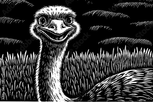 funny ostrich close up black and white hand drawn sketch