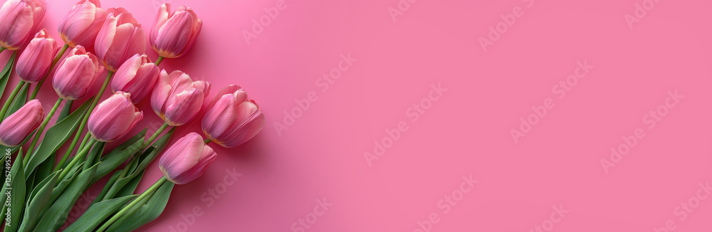 Greeting background with Bouquet of fresh pink tulips a pink background . Festive banner for birthday, Mother's day, Women's day, March 8,Easter, anniversary. Flat lay. Top view. Copy space. Mock up Greeting background with Bouquet of fresh pink tulips a pink background . Festive banner for birthday, Mother's day, Women's day, March 8,Easter, anniversary. Flat lay. Top view. Copy space. Mock up