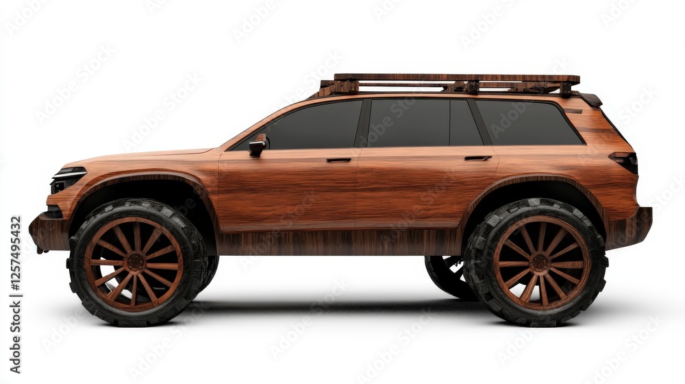 Fototapeta premium Bold SUV with wooden wagon wheels isolated on white background