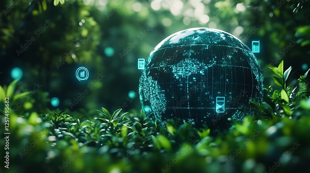 Digital Globe and Technology Icons in Forest, A globe with green technology icons floating above Digital Globe and Technology Icons in Forest, A globe with green technology icons floating above