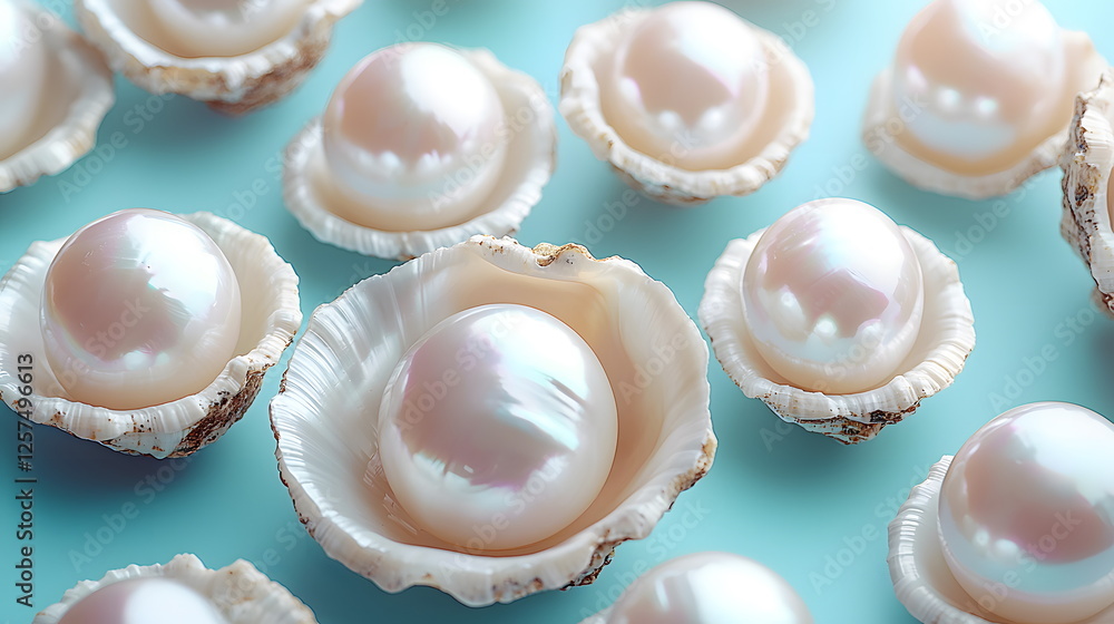 Beautiful pearls nestled in open shells arranged on a soft aqua background creating a serene display. Beautiful pearls nestled in open shells arranged on a soft aqua background creating a serene display.