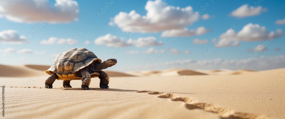 Obraz premium Solitary Tortoise Slowly Moving Across a Desert Landscape Under Blue Sky with White Clouds