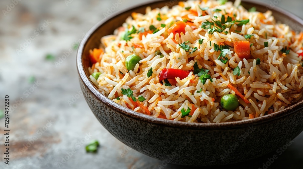 Saffron biryani rice with mixed vegetables in a bowl on a white background Saffron biryani rice with mixed vegetables in a bowl on a white background