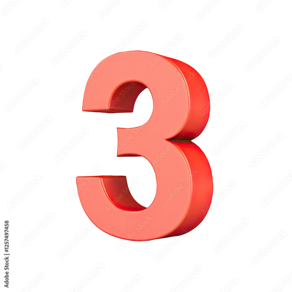 Red 3D Number Three, White Background, Digit Red 3D Number Three, White Background, Digit