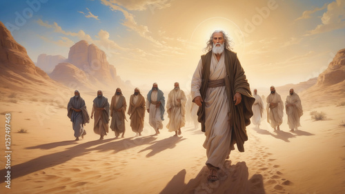 An aged, weathered prophet, with a determined expression, striding through the arid desert alongside his devoted disciples. A powerful scene capturing the essence of faith, guidance, and strength.