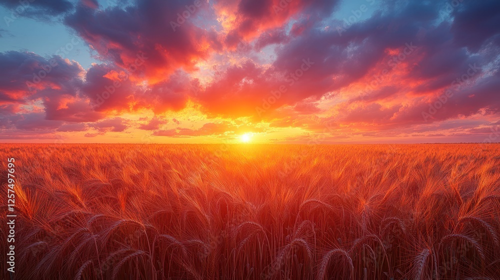Fototapeta premium Golden wheat field under a vibrant sunset sky with dramatic clouds, symbolizing harvest abundance