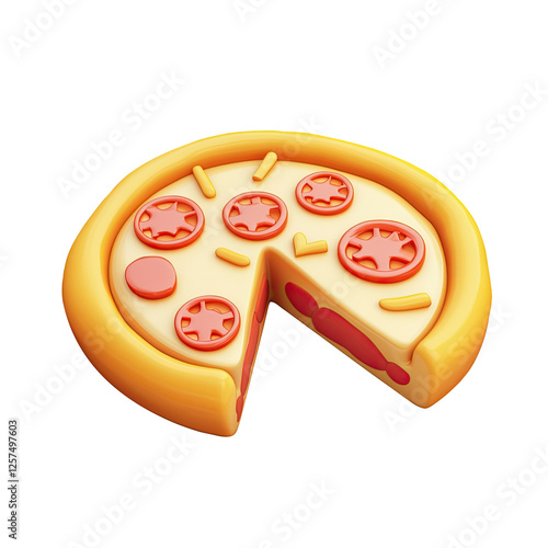 Cartoon pizza slice removed, white background, 3D render, food app icon