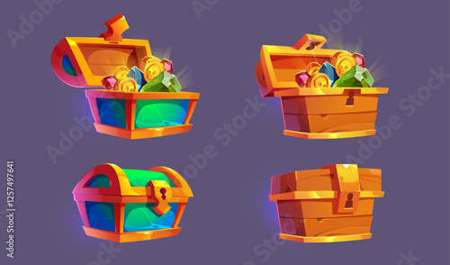 Set of open and closed chests made of wood and stone in a golden frame. Chests filled with valuables. Pirate treasures for the game. Vector cartoon on a dark background