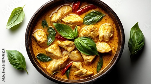 Delicious Thai green curry with chicken and fresh basil served in a bowl