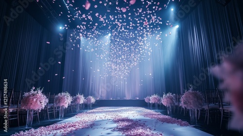 Elegant wedding venue decorated with pink petals and floral arrangements under dramatic lighting