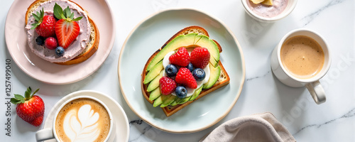 Breakfast spread featuring toast with fruit, creamy spread, and coffee on a marble table