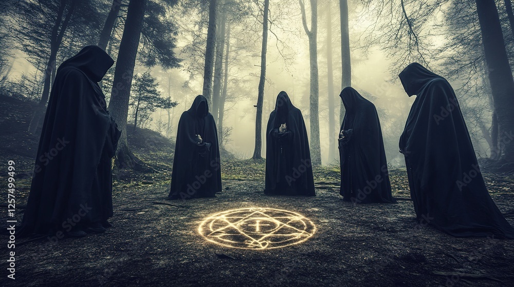 Hooded figures performing mysterious ritual around glowing ancient symbol, shrouded in mist and shadows, evoking occult and mystical atmosphere. Hooded figures performing mysterious ritual around glowing ancient symbol, shrouded in mist and shadows, evoking occult and mystical atmosphere.