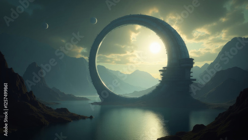 Wallpaper Mural A giant stargate portal - science fiction futuristic structure as an advanced technology circle above water and mountains, with moon or planets in background. Surreal, atmospheric, dreamlike landscape Torontodigital.ca