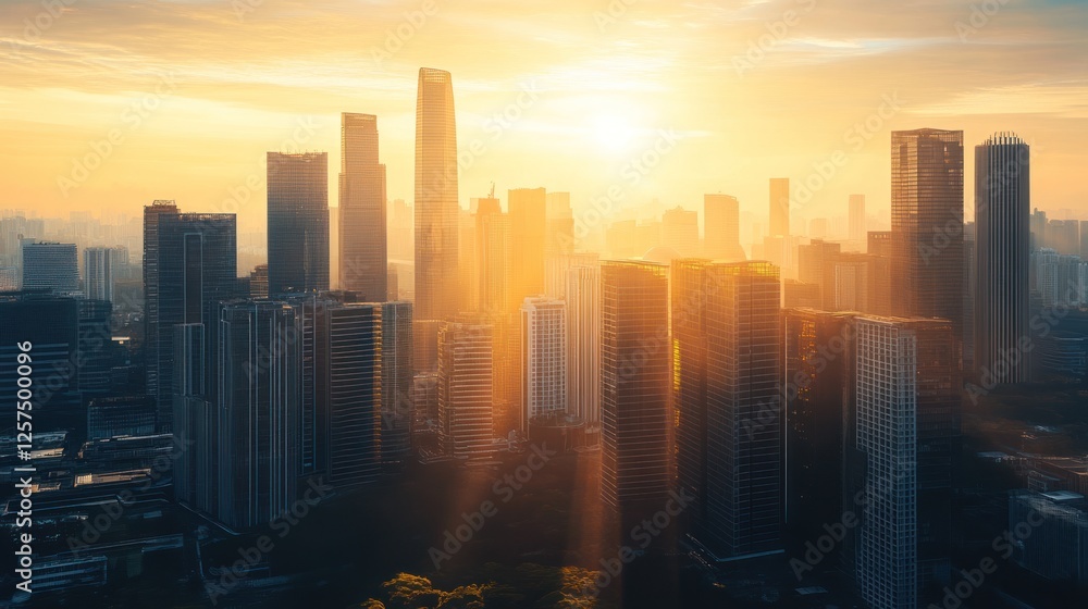 Fototapeta premium A stunning sunrise over a city skyline, highlighting tall buildings and a vibrant atmosphere.