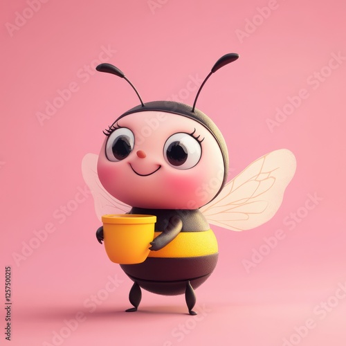 Cute bee holding honey pot on pink background. Use Children's book illustration photo