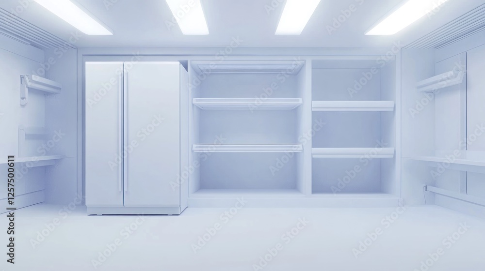 Fototapeta premium Clean white pantry shelves, refrigerator, storage