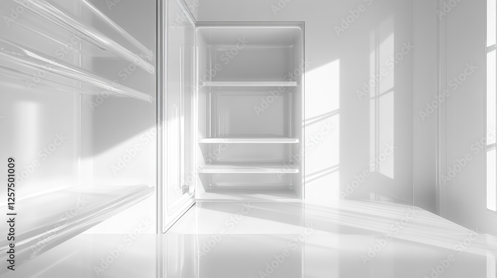 Fototapeta premium Empty white kitchen pantry shelves, sunlight