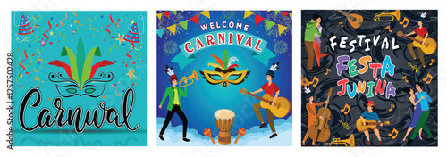  Carnival Concept. Instruments, Festive Mask, and Fireworks. Festa Junina.