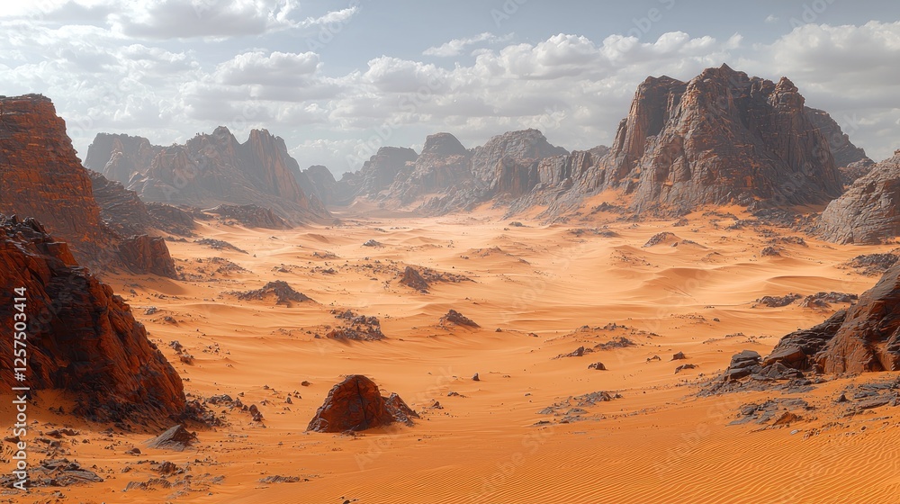 Fototapeta premium Majestic desert landscape with rocky formations and rolling sand dunes under a cloudy sky