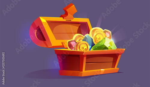 Open wooden treasure chest. Game interface. Customer feedback rating. Vector cartoon