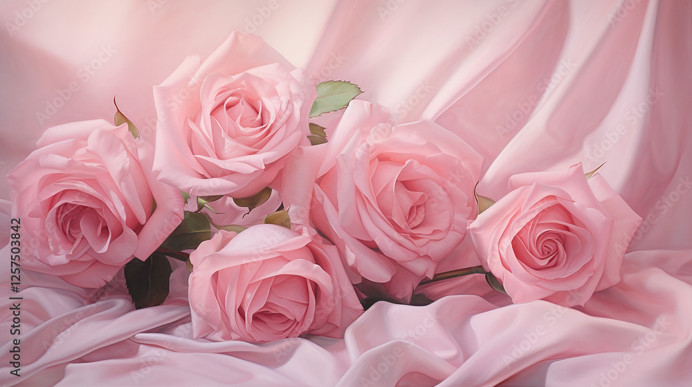 Soft Pink Roses on Silk with intricate petals and subtle green leaves adding contrast. The overall aesthetic is elegant and romantic. Soft Pink Roses on Silk with intricate petals and subtle green leaves adding contrast. The overall aesthetic is elegant and romantic.