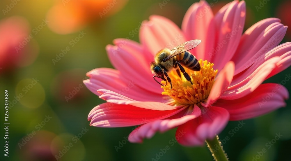 A honeybee delicately gathers nectar from a vibrant pink flower, bathed in the warm glow of sunlight