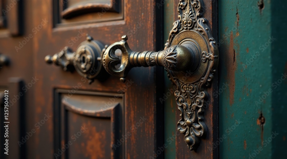 Ornate Door Handle with Intricate Metalwork and Aged Wood Frame Ornate Door Handle with Intricate Metalwork and Aged Wood Frame
