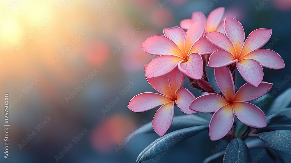 Vibrant pink plumeria flowers blooming in a serene garden at sunset, creating a tranquil atmosphere Vibrant pink plumeria flowers blooming in a serene garden at sunset, creating a tranquil atmosphere
