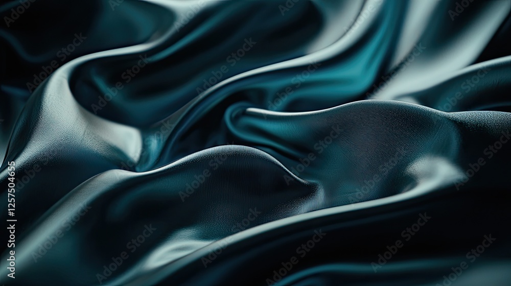 Fototapeta premium Close-up view of flowing dark silk fabric with intricate folds and shadows, creating a luxurious texture