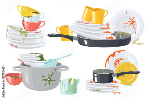 Set of piles of dirty dishes in cartoon style. Vector illustration of dirty, food-stained, sauce-soaked plates, bowls, cups, pots, frying pan isolated on white background. Kitchenware. Cleaning.
