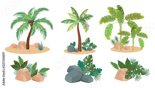 Set of tropical palm trees, plants in cartoon style. Vector illustration of island coconut palms, banana tree, monstera, tropical leaves, aloe, stones of different sizes isolated on white background.