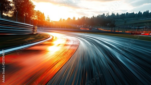 A high-energy racing track background with blurred motion effects.