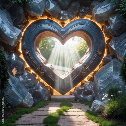 Mystical Heart Shaped Portal In Enchanted Garden Surrounded By Crystals And Sunlight On Path Of Nature's Landscape Scenery Featuring Lush Foliage And Trees With Glowing Crystals And Stones, With A