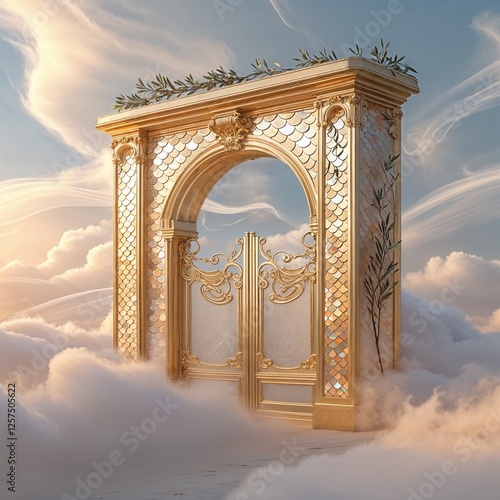 Opulent Golden Archway Surrounded By Soft Clouds Reflecting Gentle Sunset Light And Horizon Views Across Open Space On A Calm Day.With Serene Atmospheric Effect.Tranquil Peaceful Scenic Outdoor